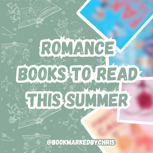 image with a green background and text "Romance books to read this summer" with 4 blurred out book covers along the right hand side