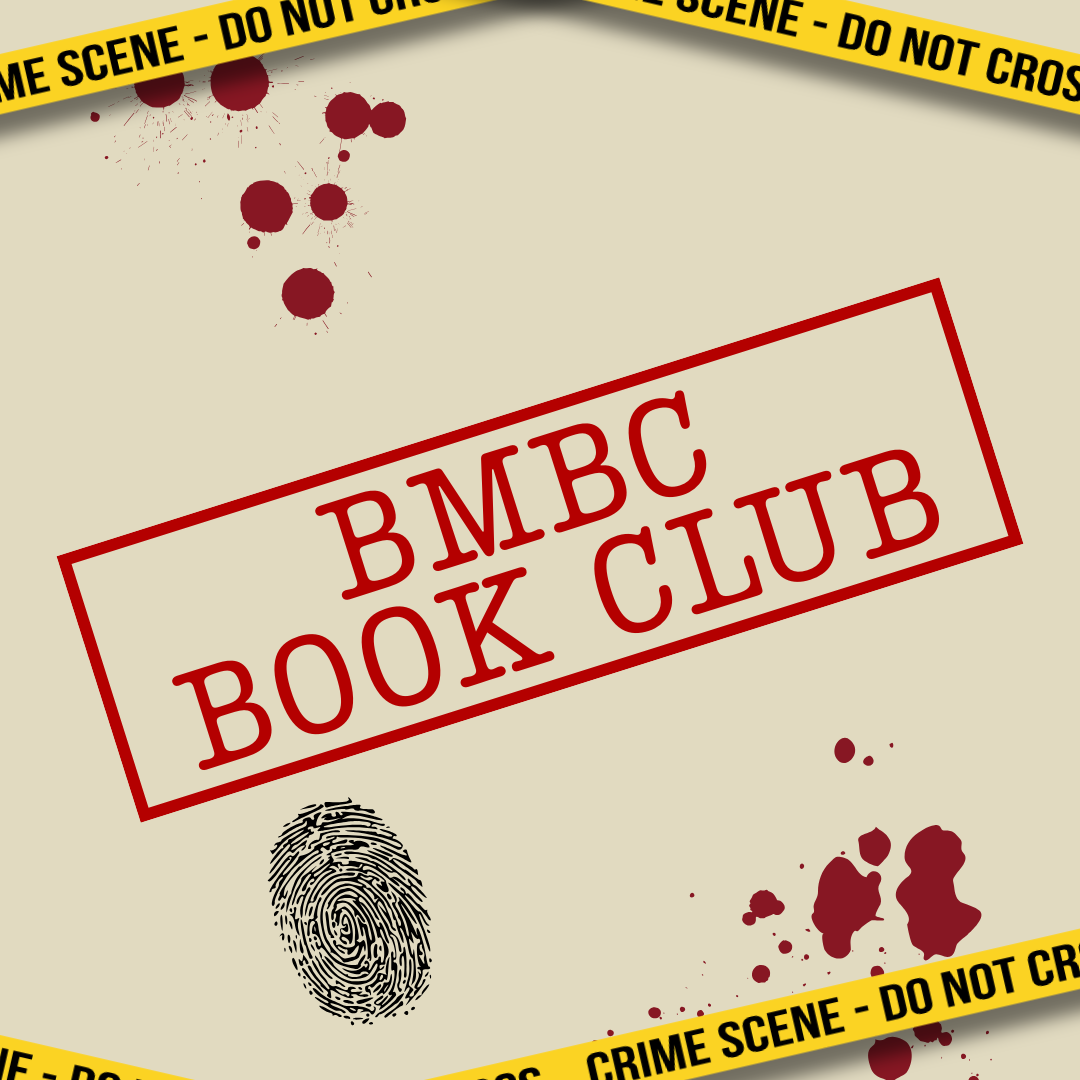 Promotional graphic for BMBC Book Club featuring a red stamp reading 'BMBC BOOK CLUB' on a beige background, with yellow crime scene tape, red blood splatters, and a black-and-white fingerprint.