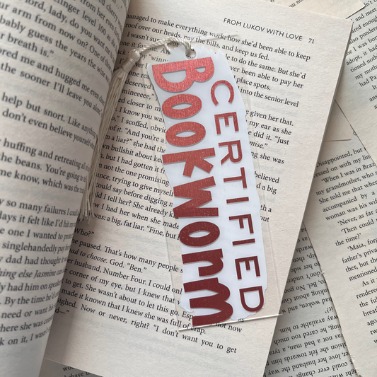 Bookmark with 'Certified Bookworm' text on an open book