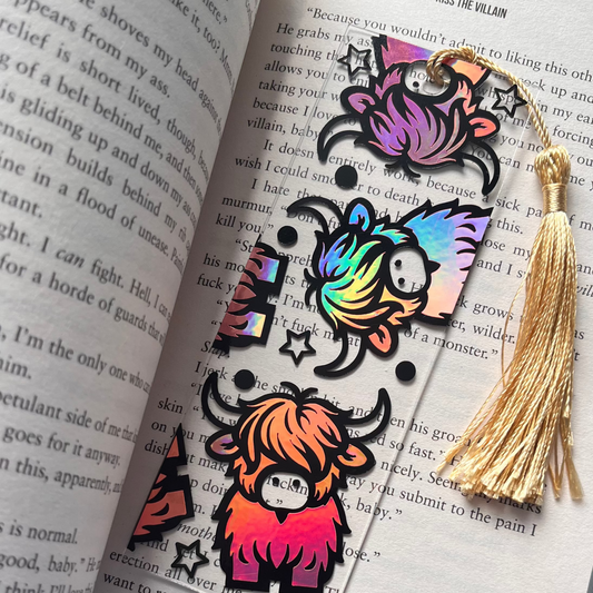 Highland cow acrylic bookmark On an open book