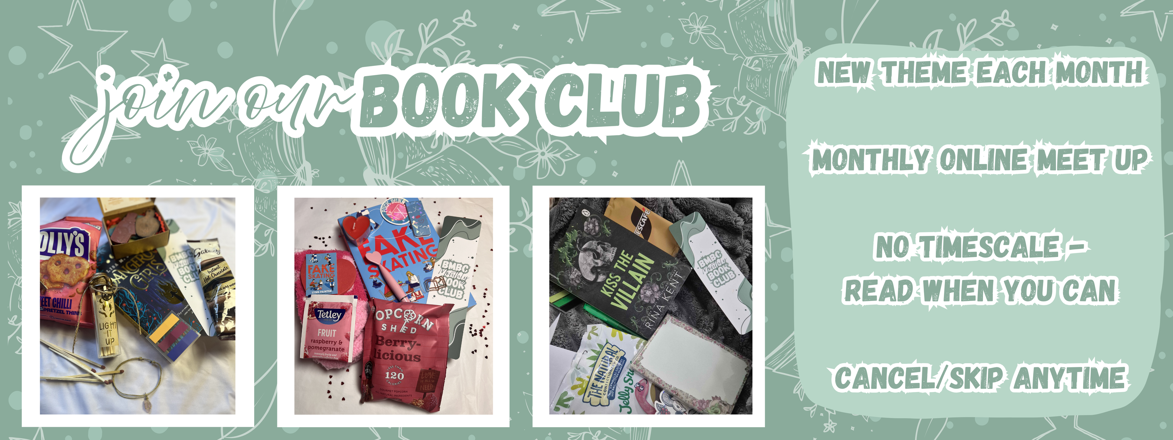 Promotional banner for a book club subsciption box with images of books and promotional items on a green background.