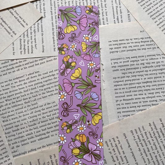 purple bookmark with colourful flowers design