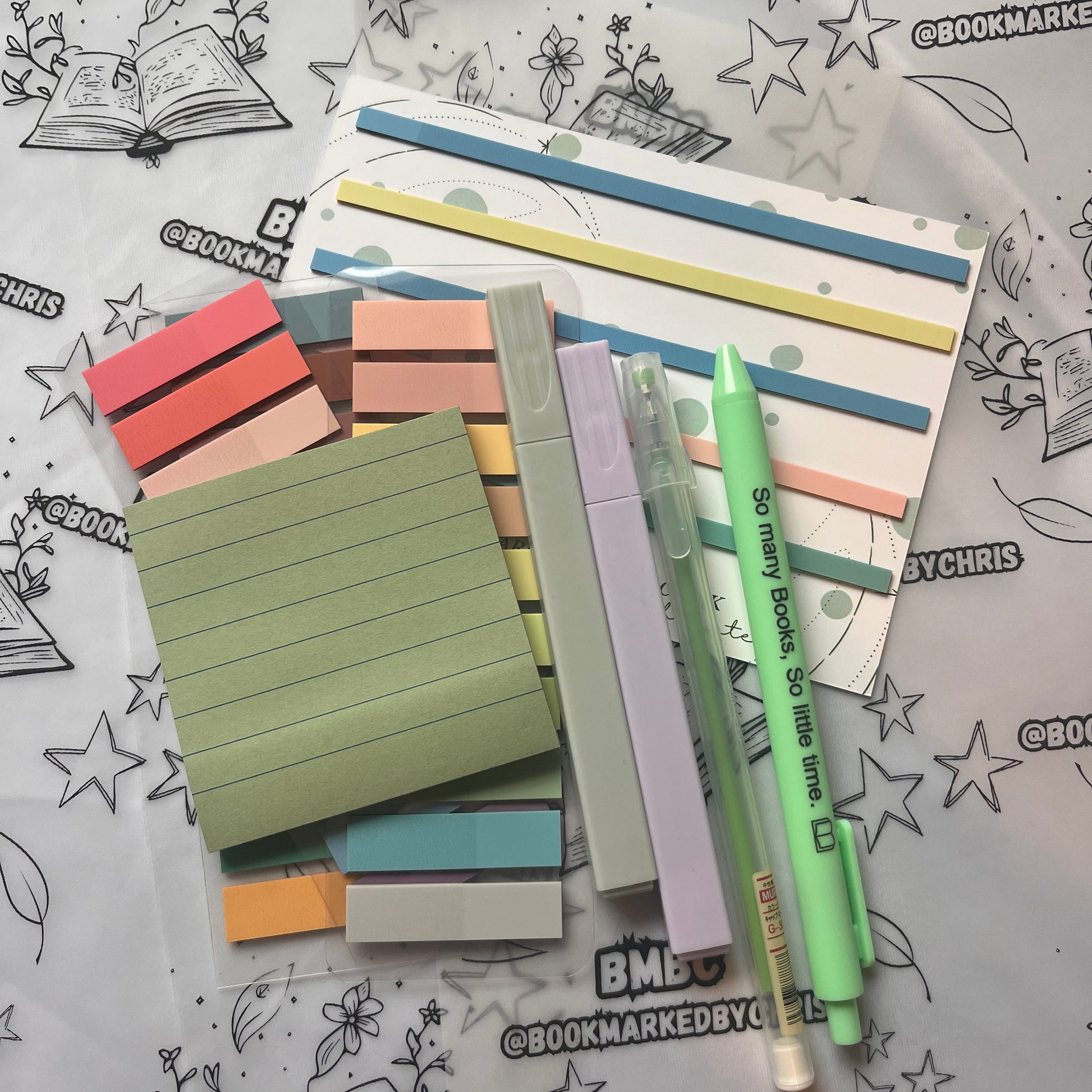 annotation supplies perfect for annotating your books.  Photo shows annotation tabs, pens and post-it notes
