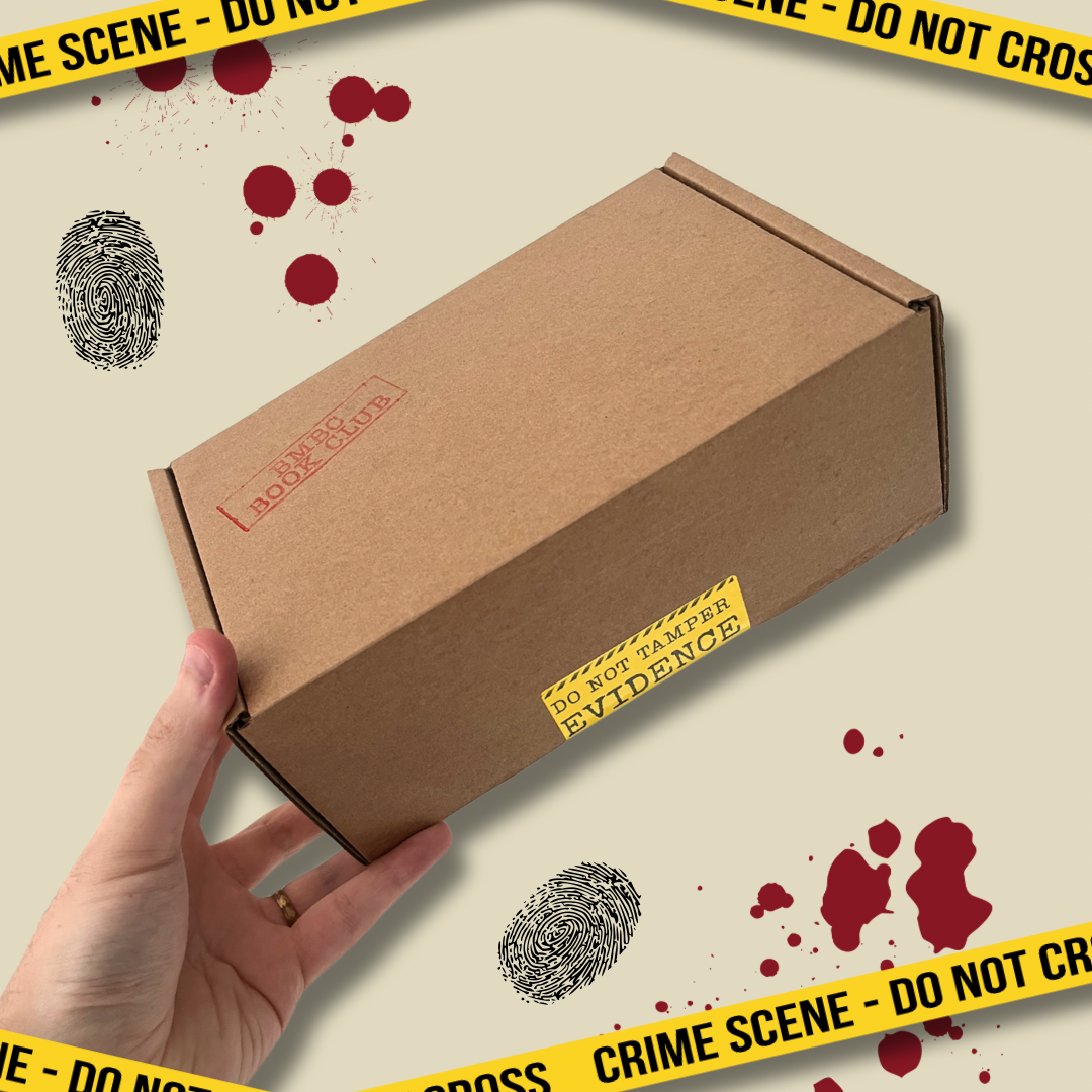 A brown cardboard box with a yellow 'do not tamper' tape seal, held by a hand against a beige background decorated with yellow crime scene tape, red blood splatters, and gray fingerprints.