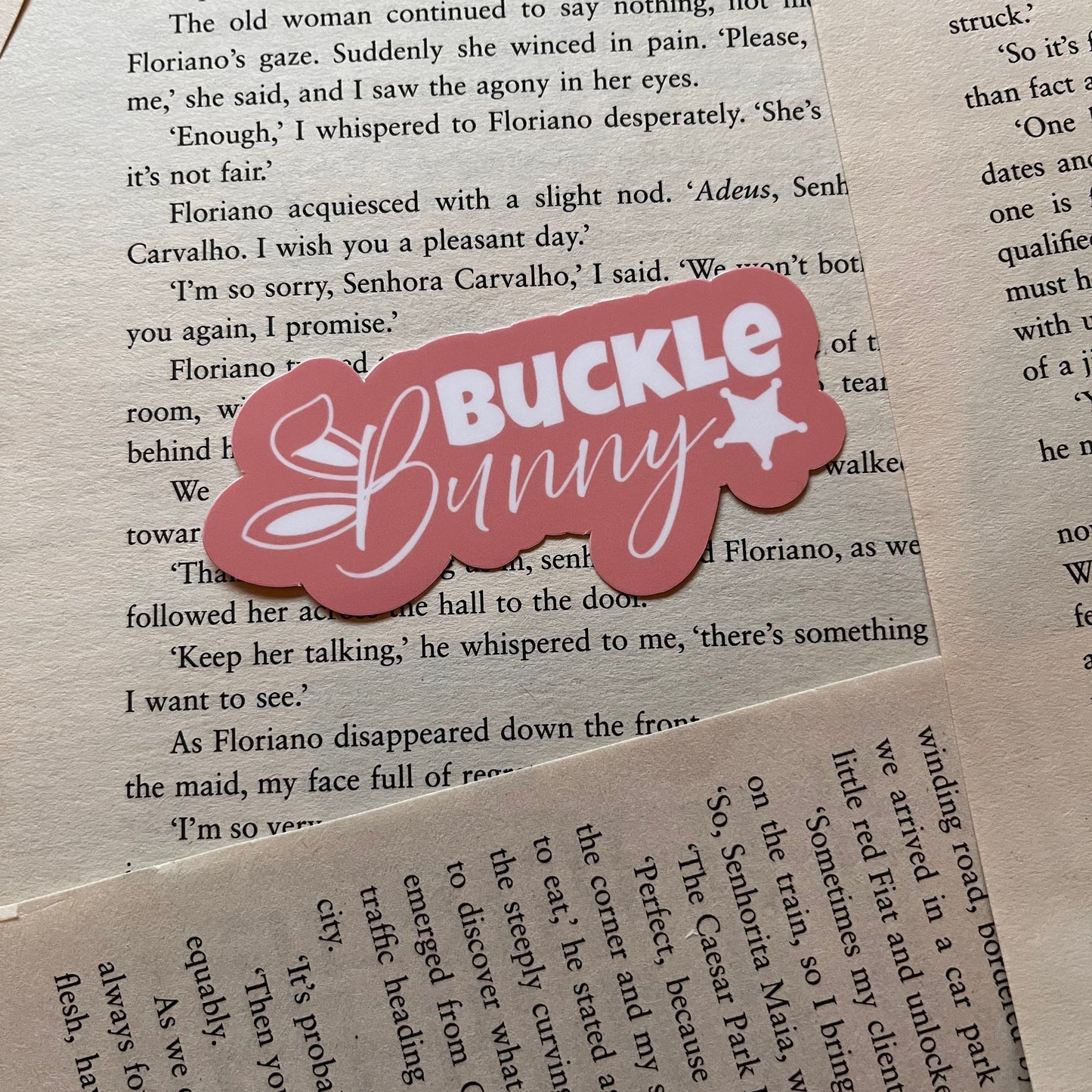 Buckle Bunny sticker on a book page