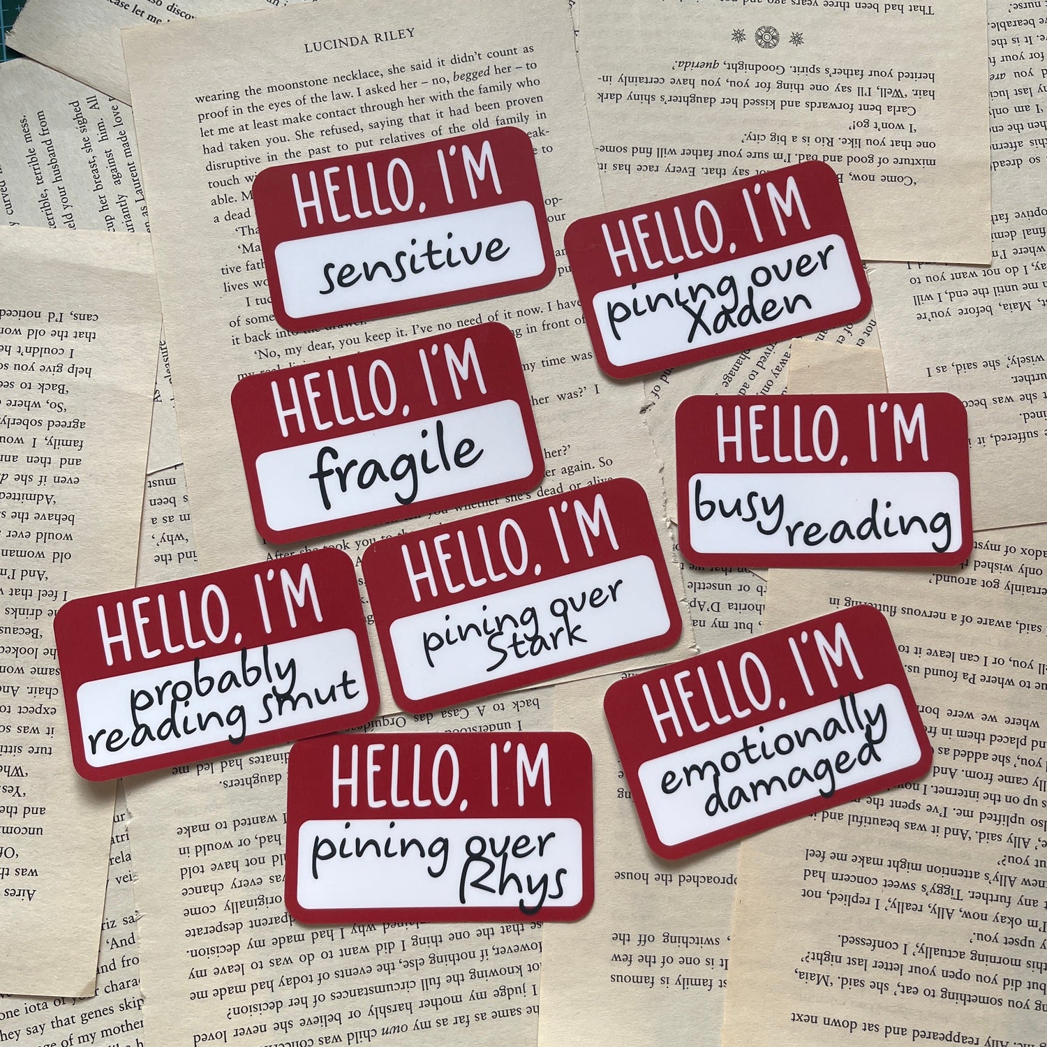 Set of 'Hello, I'm' labels on a surface with text
