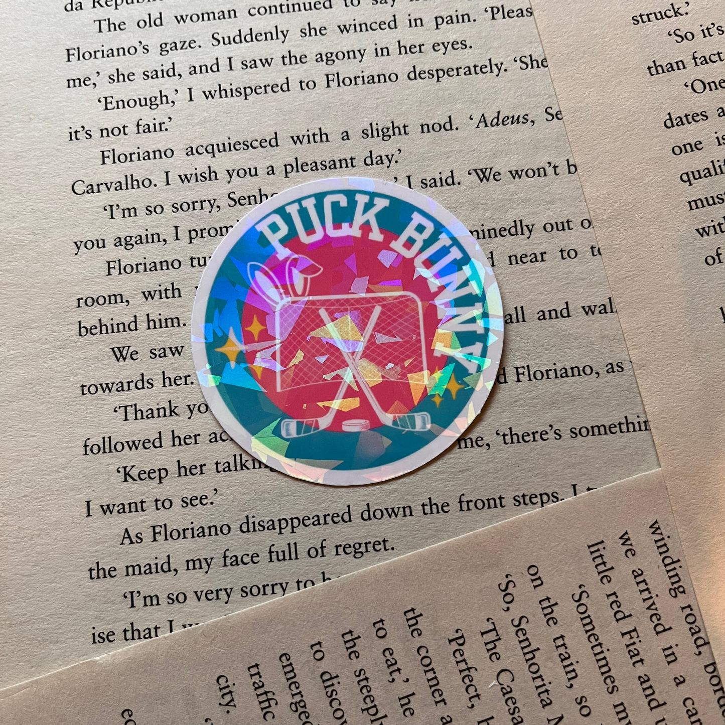Colorful circular sticker with text " PUCK BUNNY" on a piece of paper with printed text