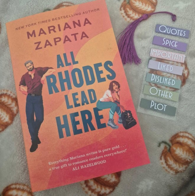 All Rhodes Lead Here book flat lay with custom annotation bookmark